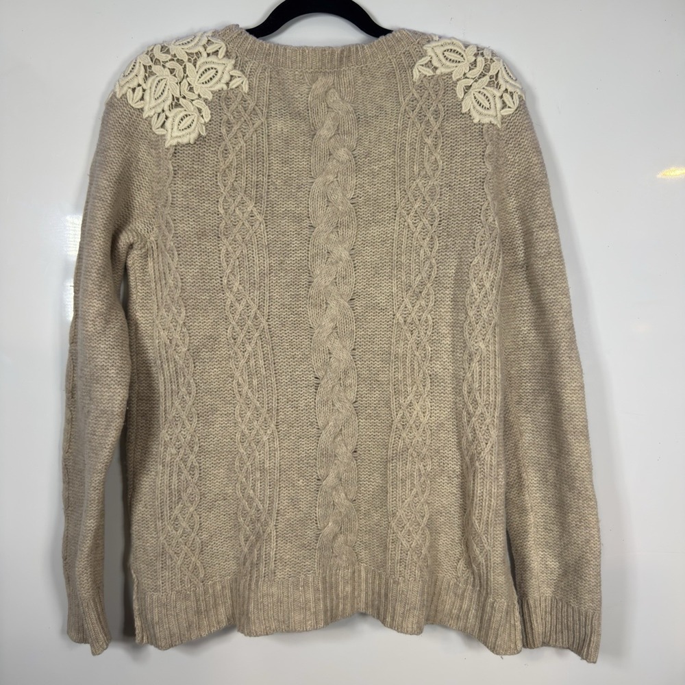 Anthropologie Knitted & Knotted Wool Cable Knit Lace Sweater Medium Beige Cream - Picture 9 of 9